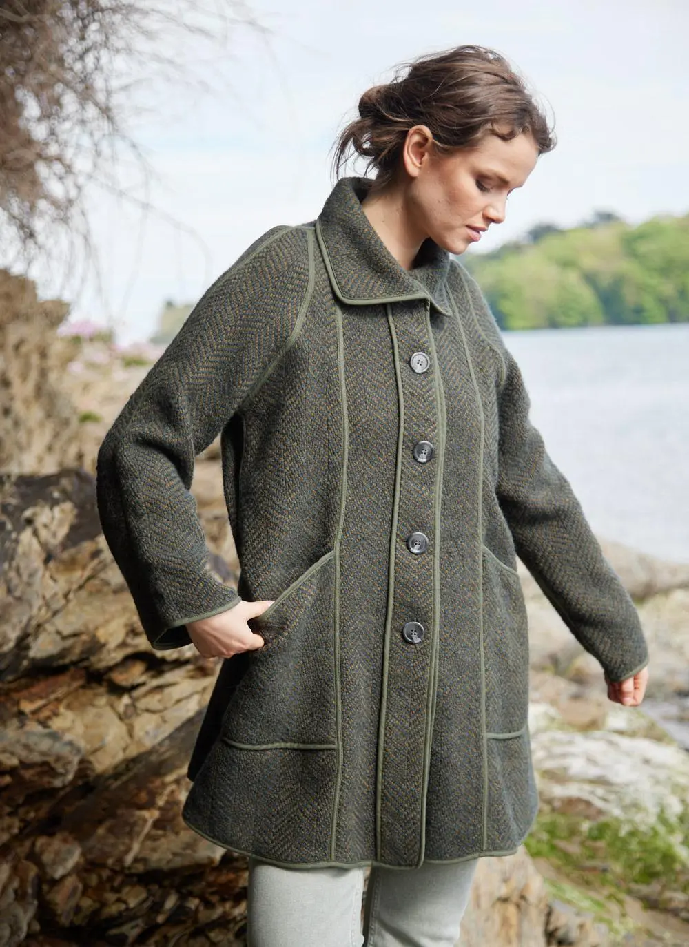 Maureen Herringbone Swing Wool Coat in OIive/Sage | Blarney